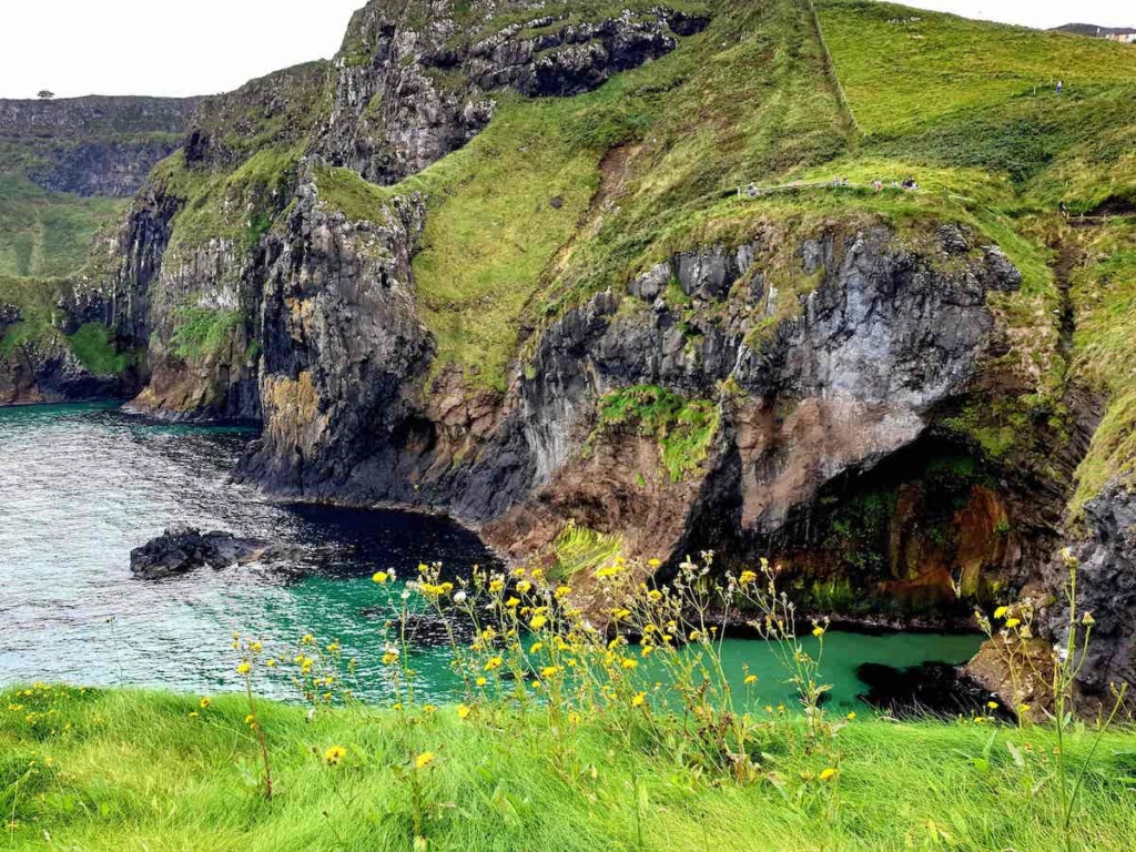 amazing view from the cliffs of Northern ireland of the sea, field and rocks